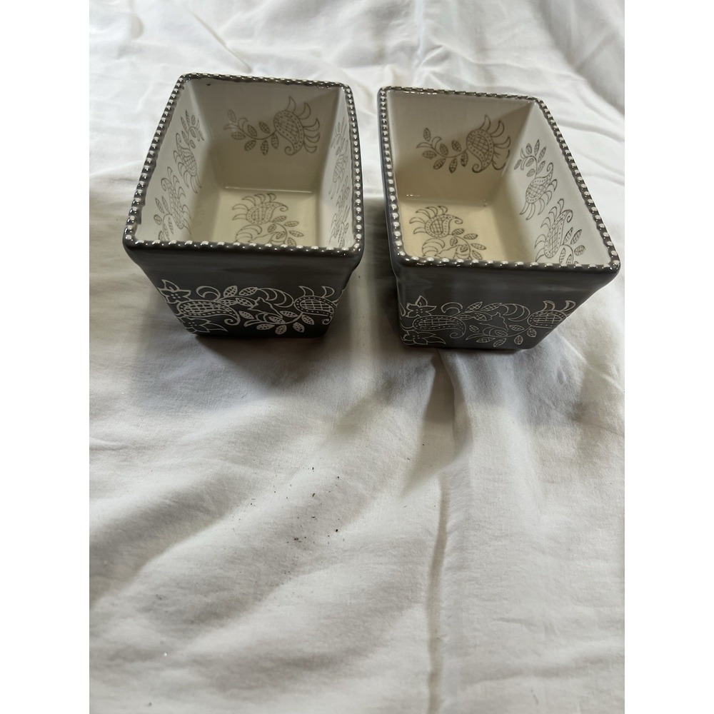 Baum Gray Floral Stoneware Mini Loaf Pans Set of 2 Oven Safe Beaded Rim Modern